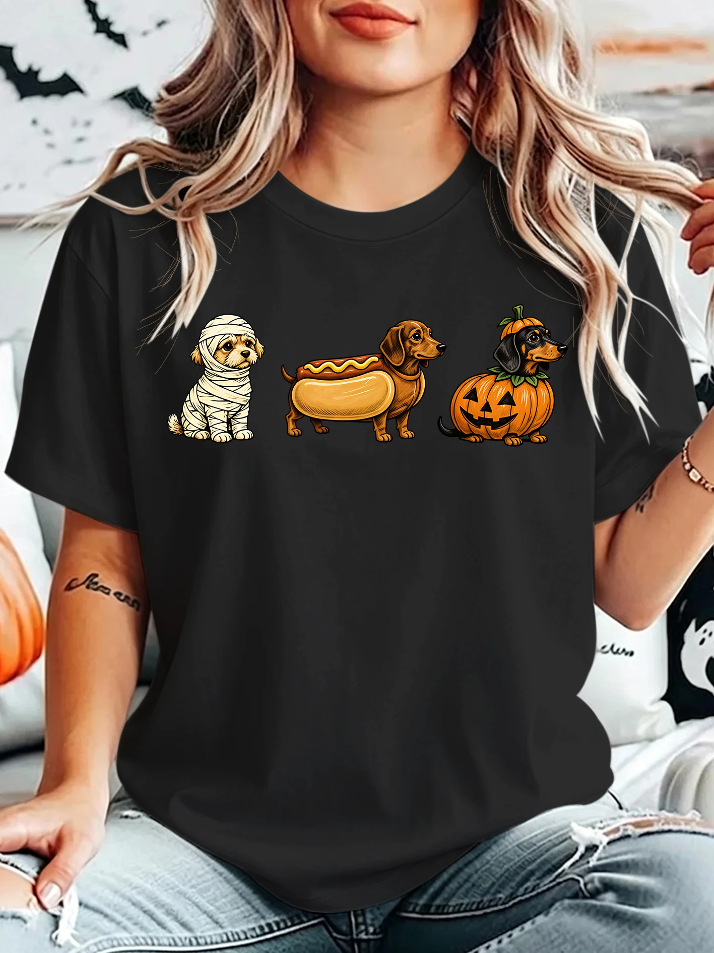 Halloween Mummy Hot Dog Dachshund Womens Crew Neck Short Sleeve T Shirt Funny Pumpkin Dog Casual Graphic Tees For Ladies