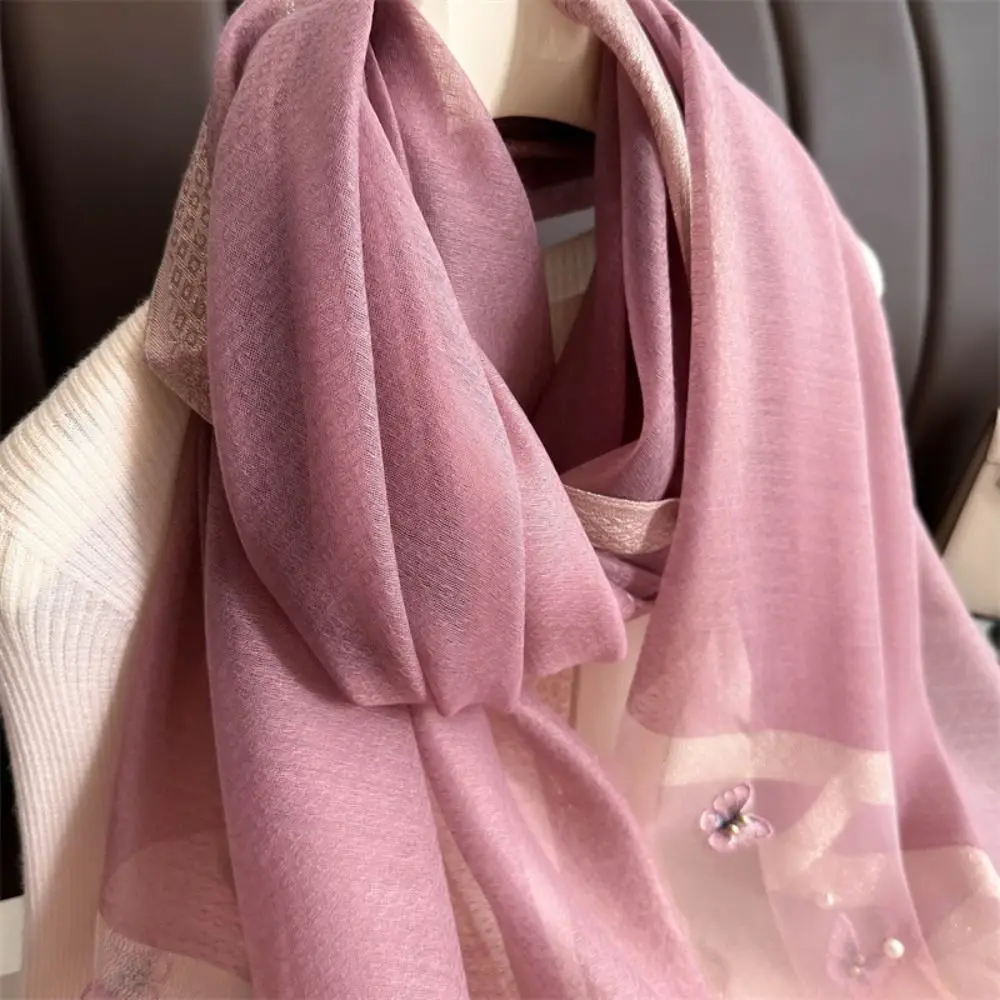 وشاح حريري رقيق أنيق كبير لؤلؤة فراشة التطريز وشاح يلتف الفاخرة النساء الحجاب شالات الإناث