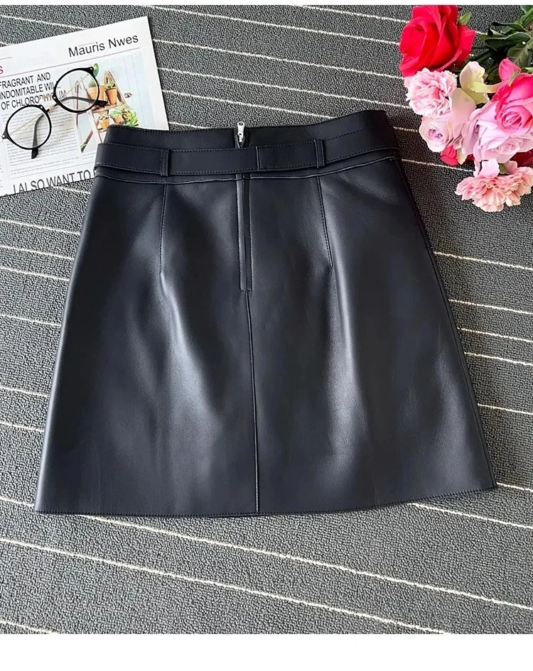 2024 Summer Fashion Casual Women Genuine Real Leather Midi Chic Skirt 3 Color for Female