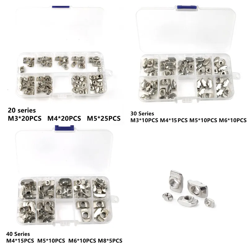 

M3 M4 M5 20/30/40 Series Aluminum Profile Connector T-nut T Nuts Set 40/65Pcs Nickel Plated Hammer Head Nut Tools Kit for T-slot