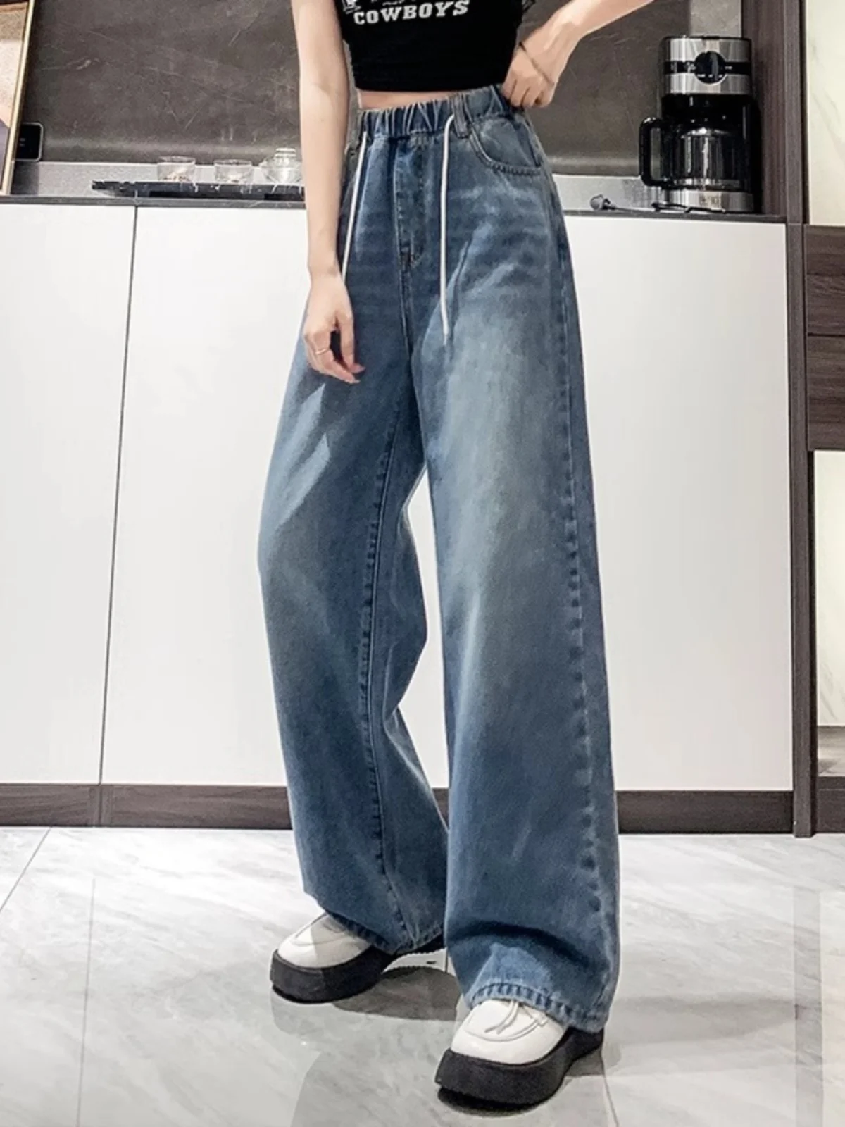 High Waist Wide Leg Jeans Women's Light Blue Elastic Waist Drawstring Loose Floor-Length Trousers plus Size Slimming Effect
