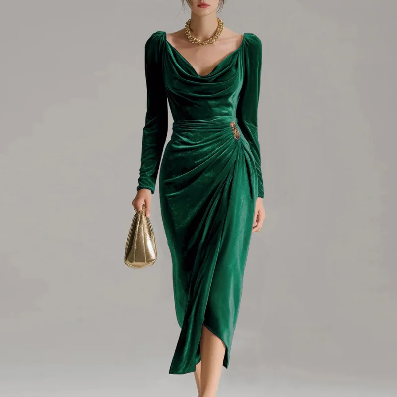 Women's Lady Cloth New Collection: Erotogenic Long-sleeved Slimming Pleated, Long, And Slit-detail   Velvet Body Clothes Clothin