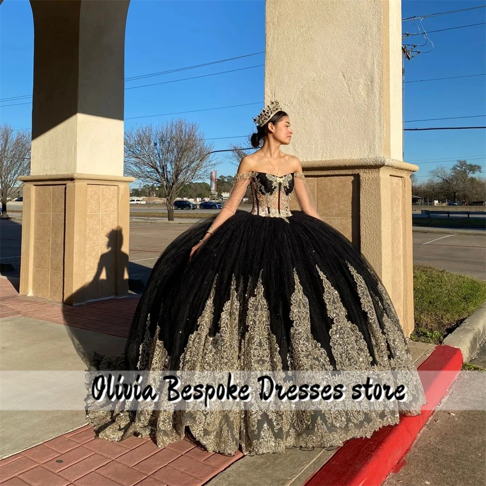 Exquisite Black Ball Gown Quinceanera Dresses Three Quarter Sleeves Gold Appliques Corset vestidos de 15 años quinceañeras 2024