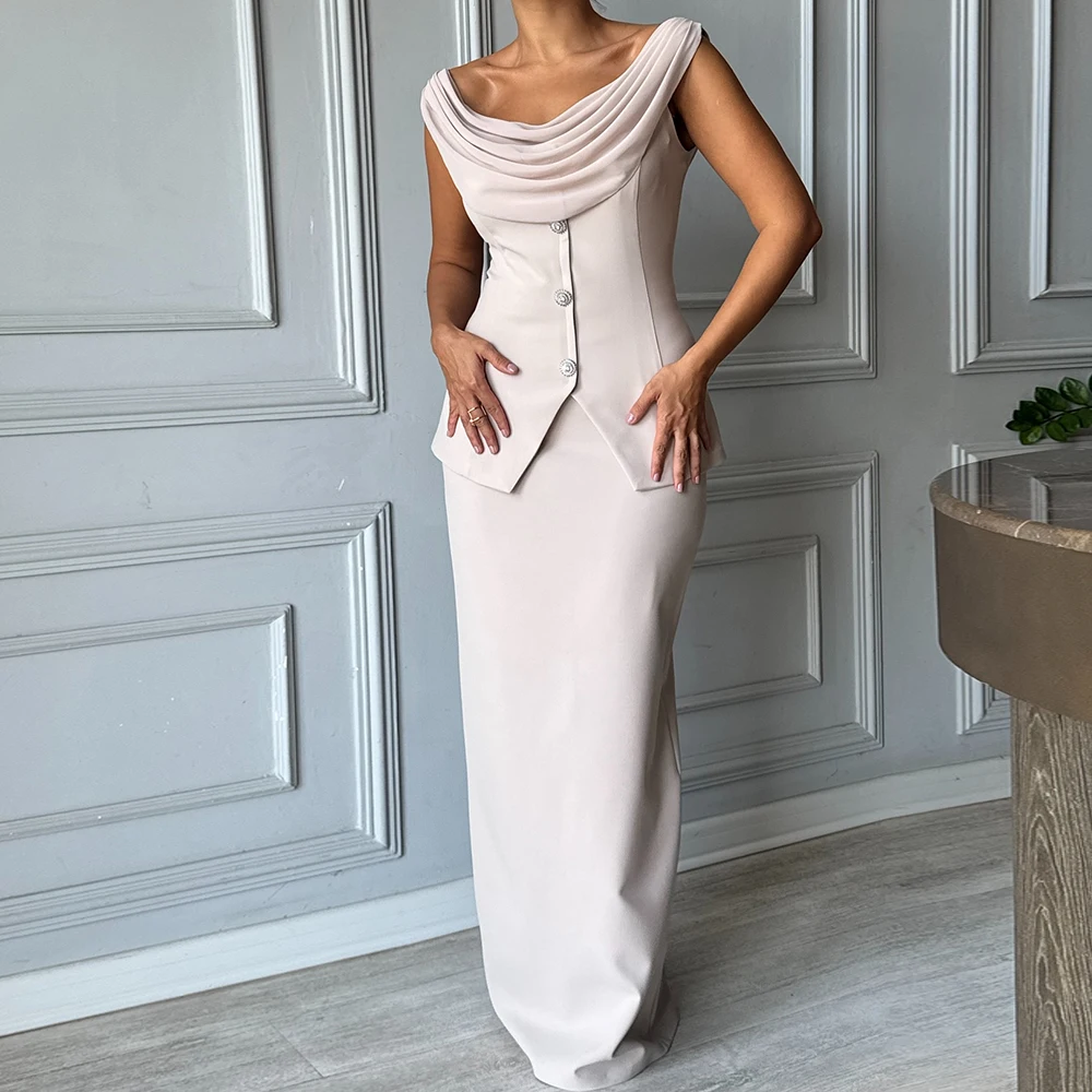 

Customized Straight Evening Dresses Floor-length Off The Shoulder Sleeveless Prom Gown Simple Fashion Button Pleat Party Gown