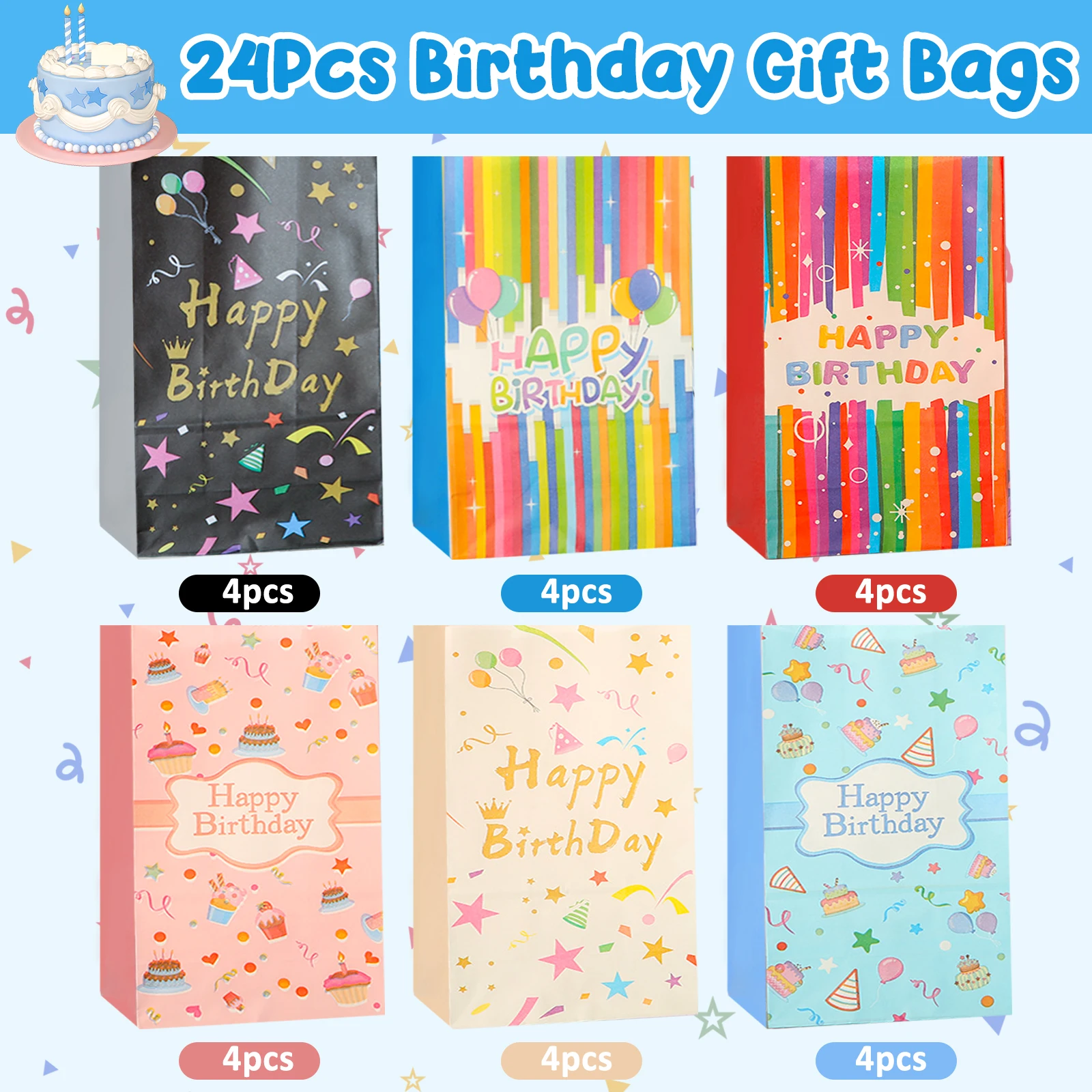 24 Pcs Birthday Theme Party Gift Bag with 24 Pcs Stickers, Birthday  Party Decorations 8 Designs Paper Candy Bag Gift for Party,