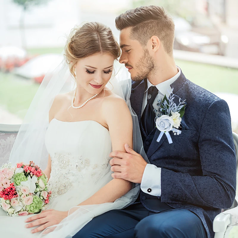 Boutonnieres per lo sposo del matrimonio Fiori Spilla con fiori di rosa Corpetto per lo sposo per accessori per il matrimonio Regalo Forniture per addio al nubilato