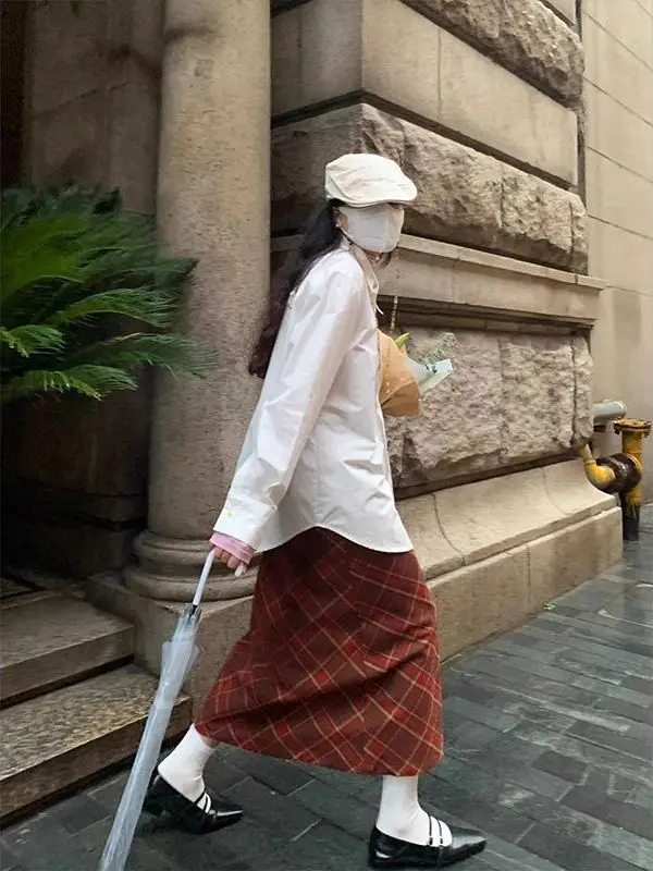 Gonna a trapezio scozzese di lana rossa Donna Inverno 2025 Nuova vita alta Dra Slim Fit Gonna lunga avvolgente Casual Home Out...