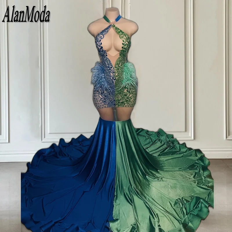 Mixed Color Mermaid Prom Dresses For Black Girls Halter Rhinestone Mermaid Evening Gowns Satin Vestidos De Fiesta Party Dress