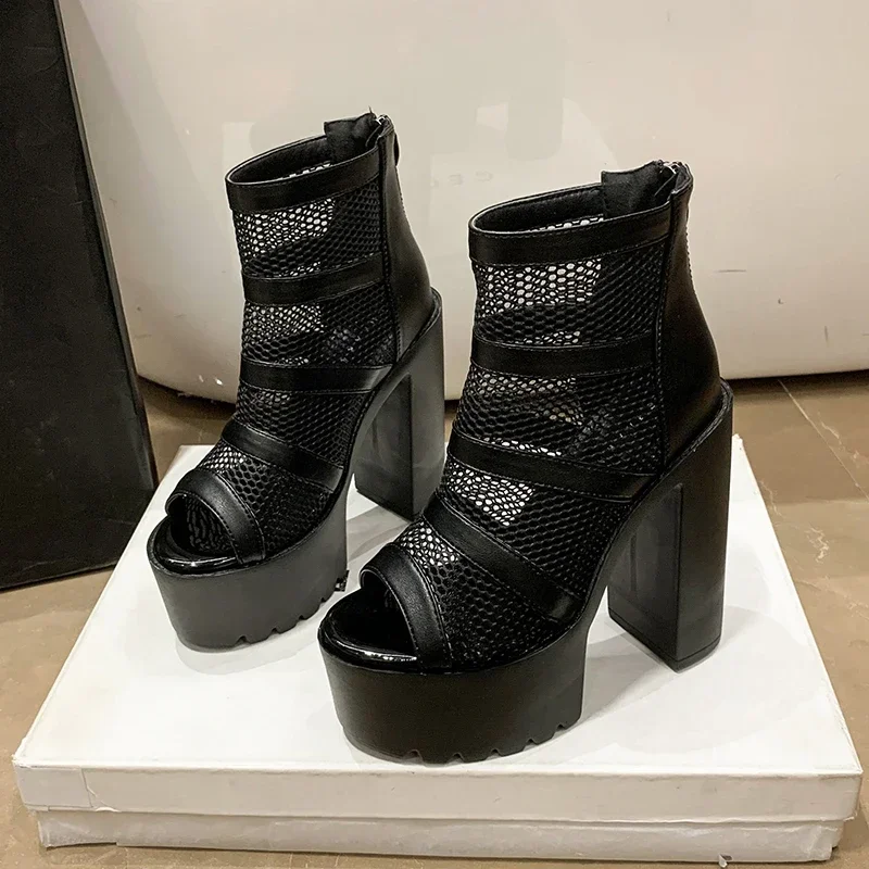 Thick High Heels Gladiator Women Sandals Sexy Open Toe Breathable Mesh Platform Back Zipper Shoes 2024 Summer New Luxury Sandal