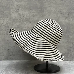 Elegant retro rose black and white striped fisherman hat Light soft folding modern large brimmed visor lady