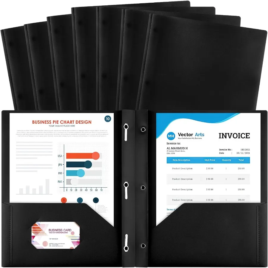 

8 Pack Plastic Folders With 2 Pots Colorful Letter Size File Folders With Prongs and Business Card Slots for School Office