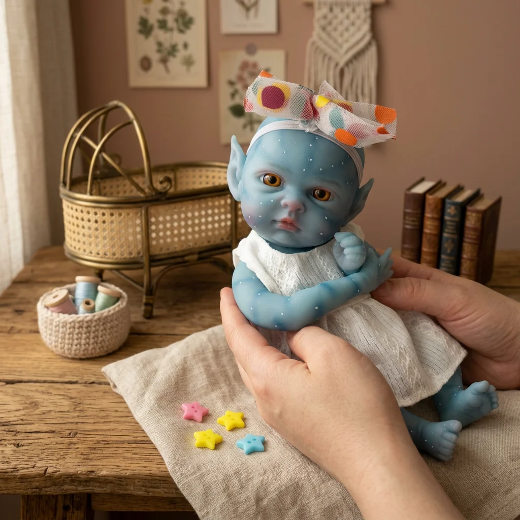 8 Inch Full Body Solid Silicone Reborn Doll Blue Skin Hand Painted 3D Skin Texture Lifelike Soft Touch Bebe Collectible Gift