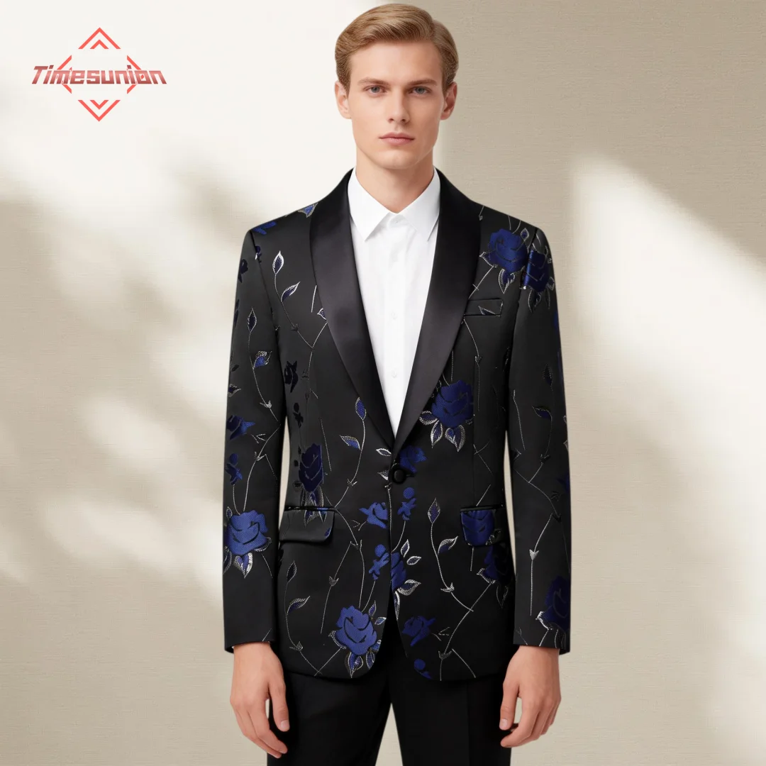 

Синий жаккардовый мужской пиджак для деловых встреч и банкетов, однобортный, модный, для свадеб и танцевальных вечеринок
