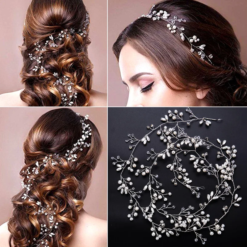 50/100/150cm Fashion Handmade Crystal Pearl  Wire Vines Hairband Wedding Hair Jewelry for Brides Wedding Hair Accessories