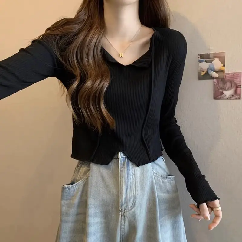 Spring Autumn New V-neck Fashion Long Sleeve T-shirt Women High Street Casual Striped Sweet Young Style Sweet All-match Tops image 3