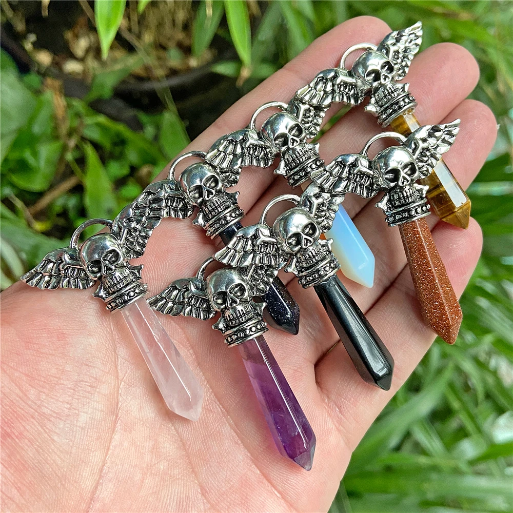 New Style Gothic skull head Stone pendant Natural Tiger Eye Opal Personality Gems Charms Fit DIY Necklace Earrings 35*48mm