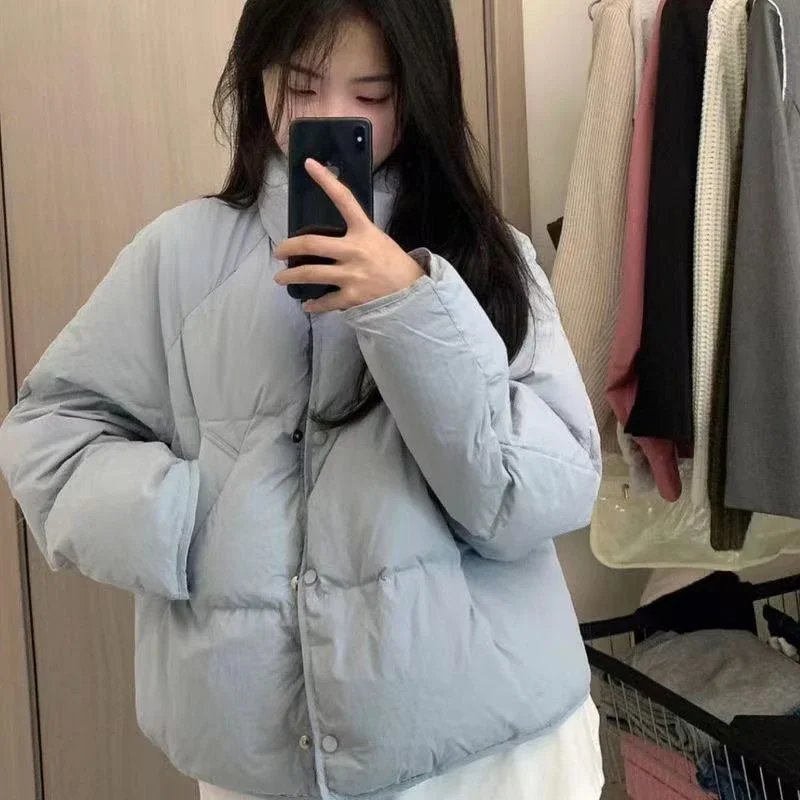 

Синее хлопковое пальто, женская куртка, новая Корейская Повседневная однотонная короткая куртка с воротником-стойкой, шикарная модная теплая женская зимняя куртка