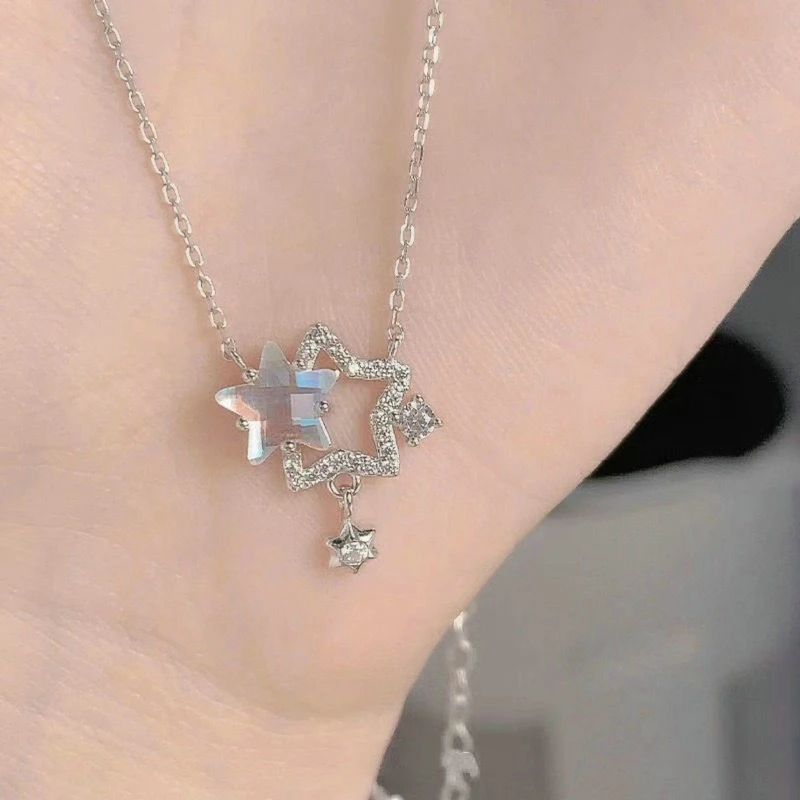 Korean Fashion Elegant Shiny Zircon Star Pendant Necklace Sweet Cute Girls Bow Knot Round Crystal Clavicle Chain Women Jewelry