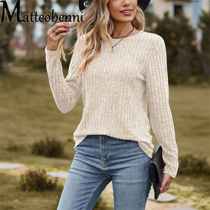Autumn Pit Stripes Solid Color Long Sleeve T-Shirt Ladies Elegant Comfortable Commuter Slim Fit Tees Women\'s O Neck Pullover Top
