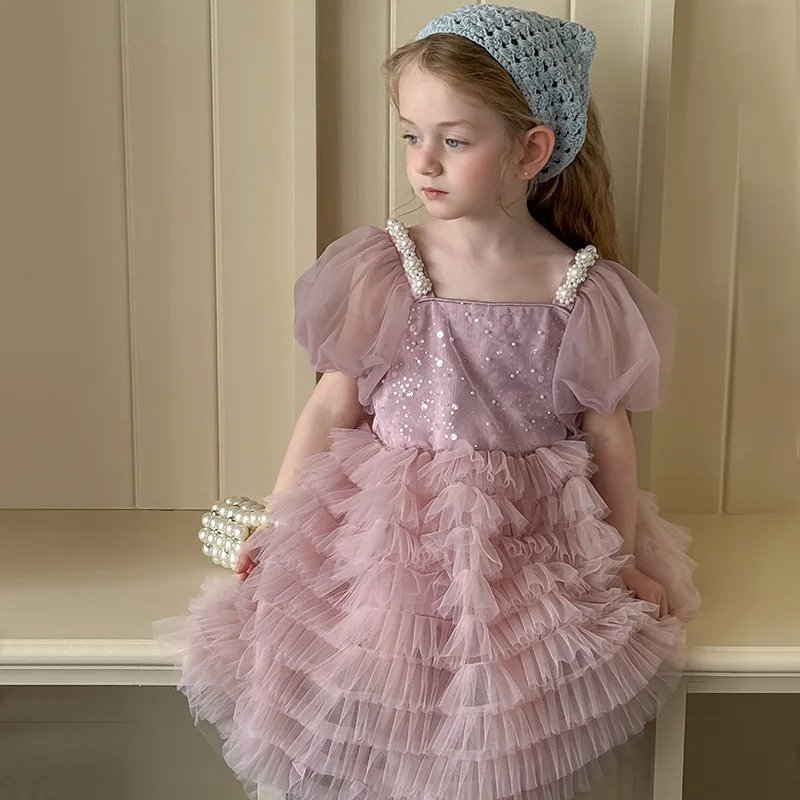 

2025 New Summer Girls Lace Princess Dress Summer Formal Birthday Party Performance Dresses for Kids Children Wedding Frock