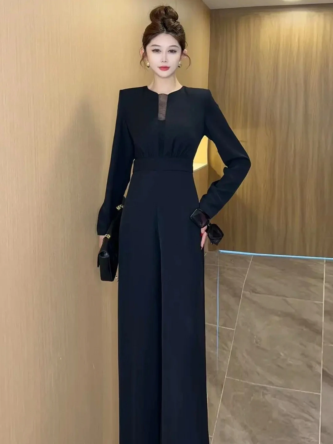 Damski kombinezon z wysokim stanem i szerokimi nogawkami, zestaw na jesień 2025, nowy, elegancki, do pracy, z włókna poliestrowego, długi garnitur ze spodniami.