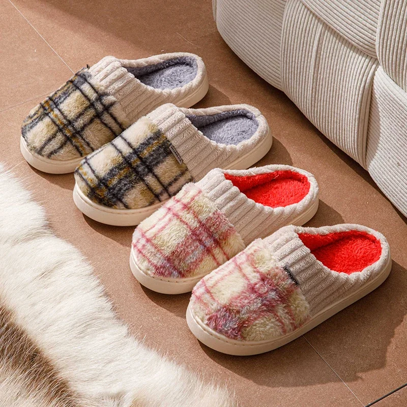 

Men's Winter Cotton Slippers with Heel Cover for Indoor Home Use, Thick Sole, Non-Slip, Warm, Furry, Plush, Couple's Home