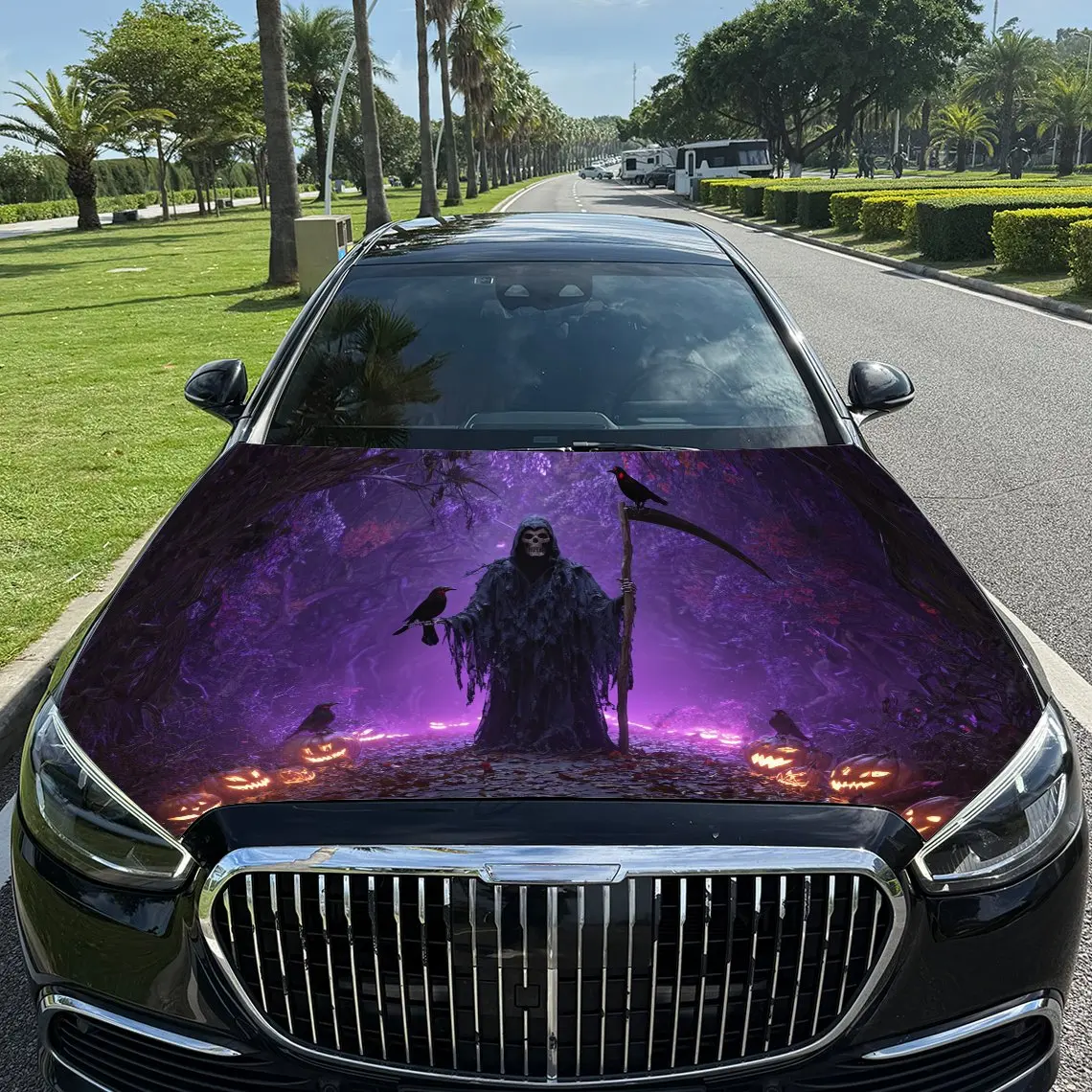 

Purple Night Grim Reaper Pumpkin Car Vinyl Wrap, PVC Waterproof Car Hood Sticker, Self-Adhesive Scratch-Resistant Stickers for E