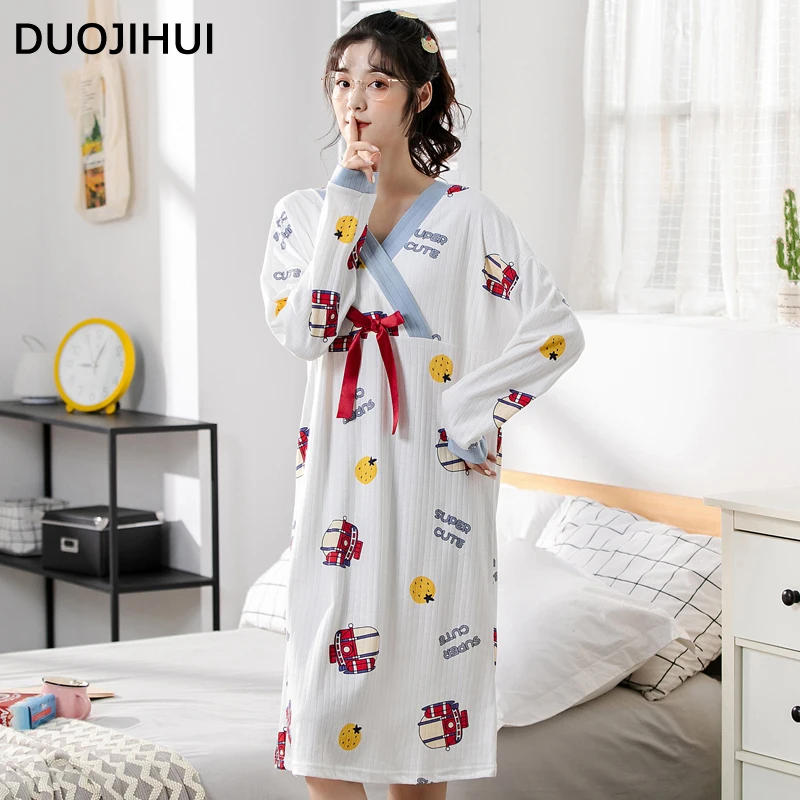 DUOJIHUI Autumn Contrast Color Chicly Lace-up Female Nightgown Korean Fashion 5-colors Sweet V-neck Loose Casual Sleepwear Women