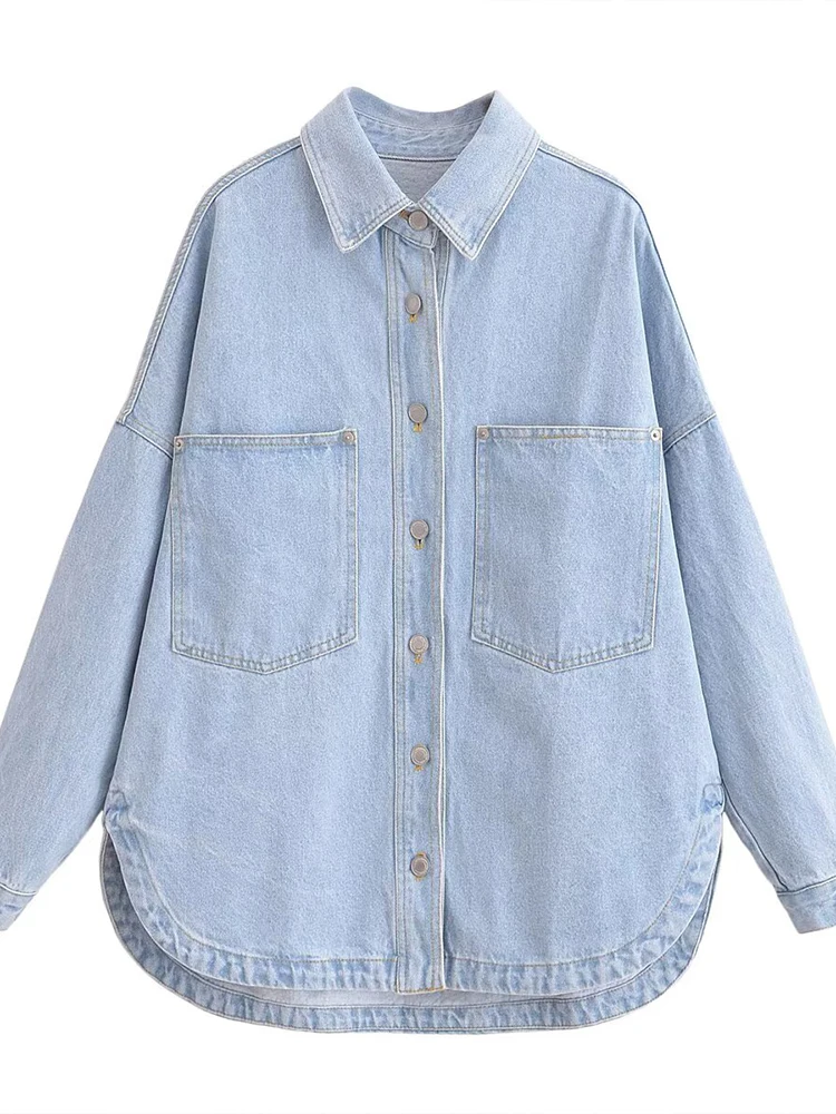 

European style new women's fashion versatile temperament solid color denim lapel long sleeve shirt jacket