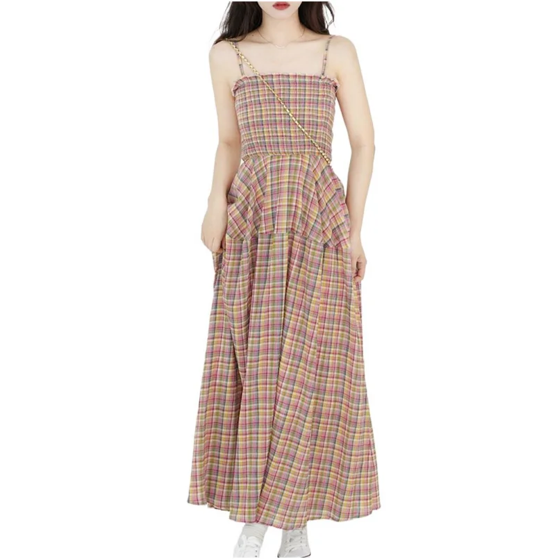 

Fashion Slash Neck Sleeveless Dress Y2K Girl Plaid Long Dress Summer Women Korean Chic Spaghetti Strap Dresses Vestidos