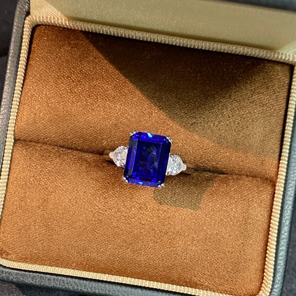 Cultivated Royal Sapphire Rectangle 925 Sterling Silver Ring Female Classic European and American Light Luxury