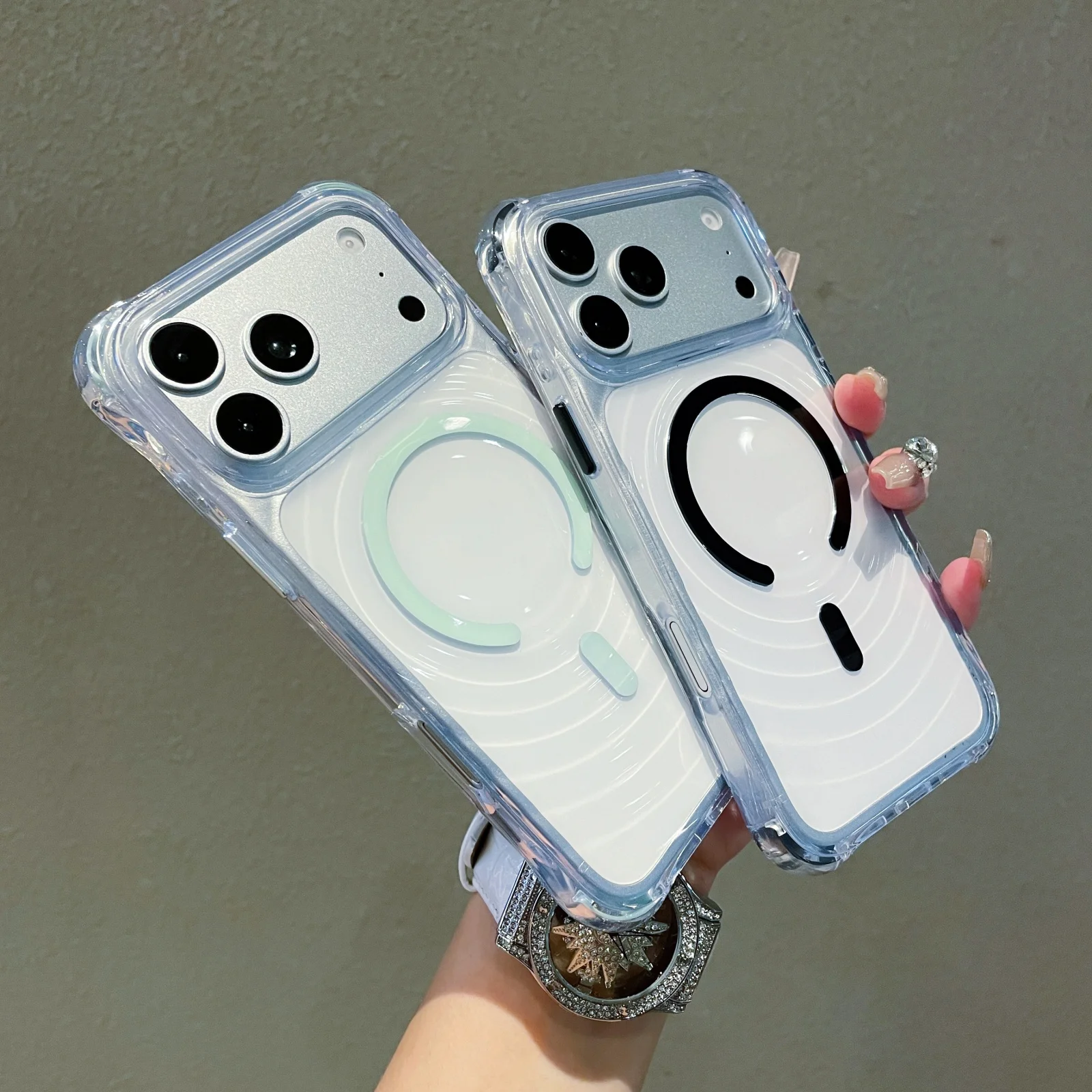 Capa Magnética com Padrão de Ondas e Airbags nos Quatro Cantos para iPhone 12 13 14 15 16 Plus 17 18 Pro Max, Capa Transparente de TPU à Prova de Choque