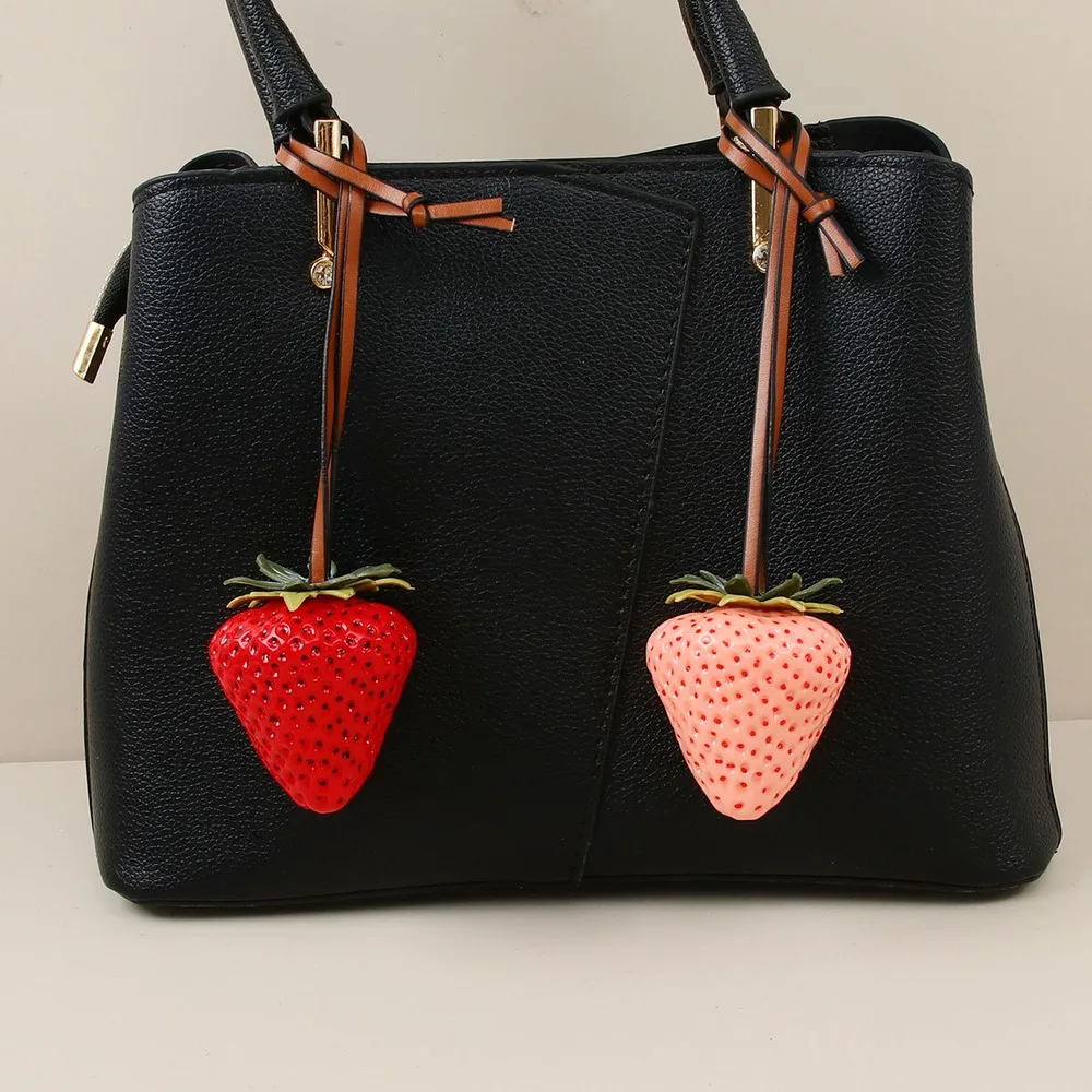 Strawberry Bag Charm 3D Realistic Glossy Fruit Purse Accessory With Long Strap For Handbag Tote Women Cute Everyday Summer Gift