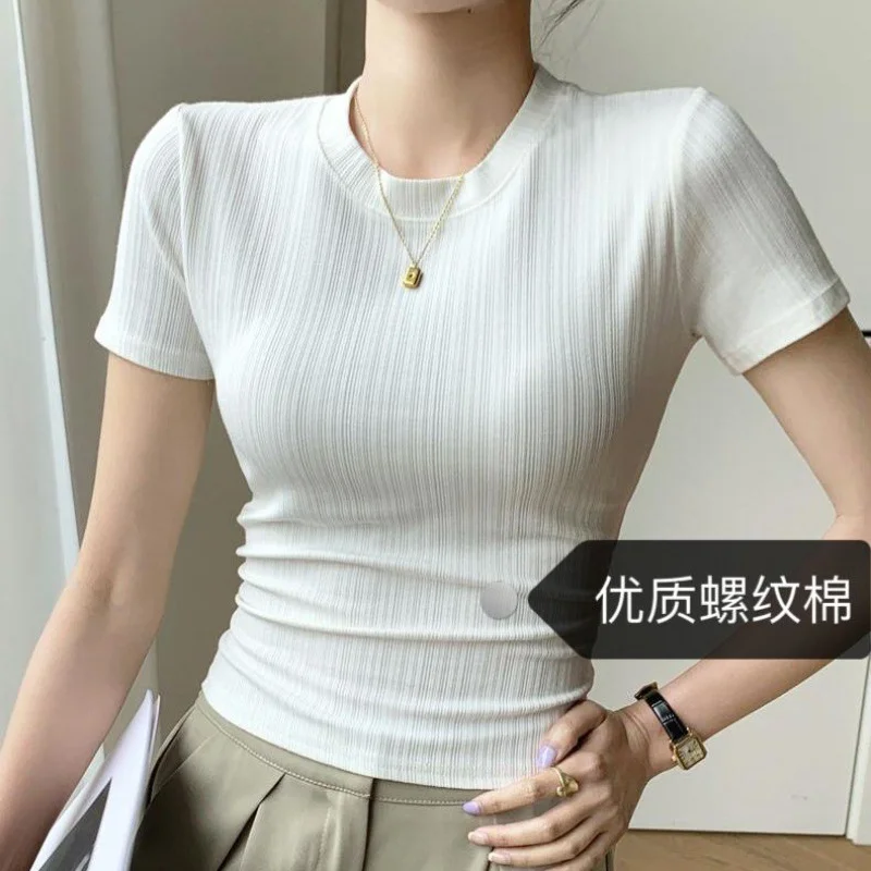 

Женская футболка с короткими рукавами, летняя хлопковая футболка с круглым вырезом, тонкий низ, корейские тонкие топы, новинка 2025 года, белая, черная одежда