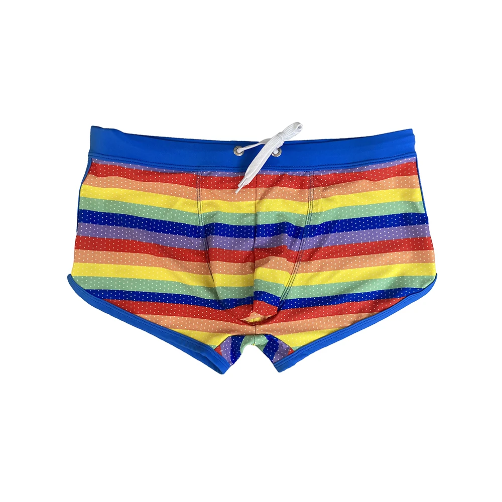 Summer Side Split Mens Swimwear Sexy U Pouch Rainbow Beach Swimming Trunks Nylon Quick Dry Board Shorts Male Sport Bathing Suit