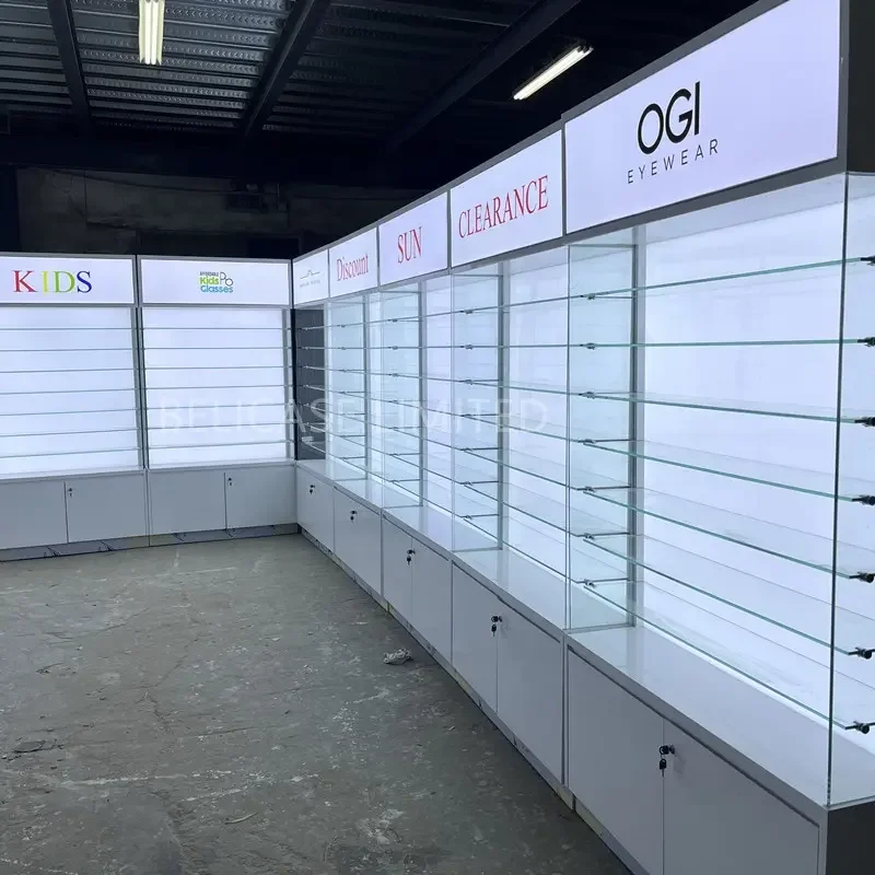 custom.High Quality Optical Shop Display Shelves Wood Acrylic Display Stand Eyeglasses Store Wall Cabinet with Lighting