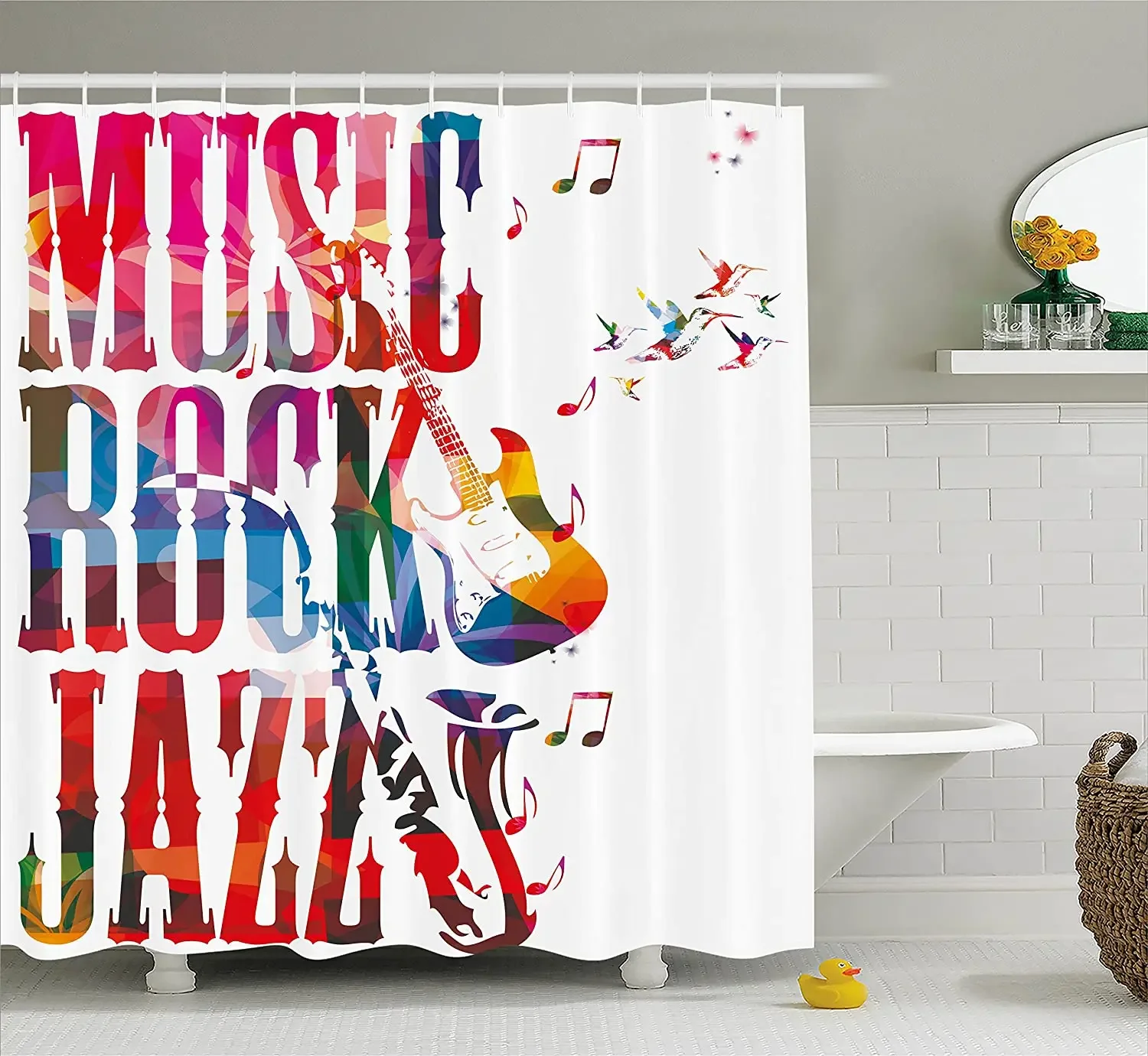 Musical Shower Curtain Music Rock Jazz Lettering with Bass Guitar Saxophone Notes Harmony Illustration Bathroom Curtains