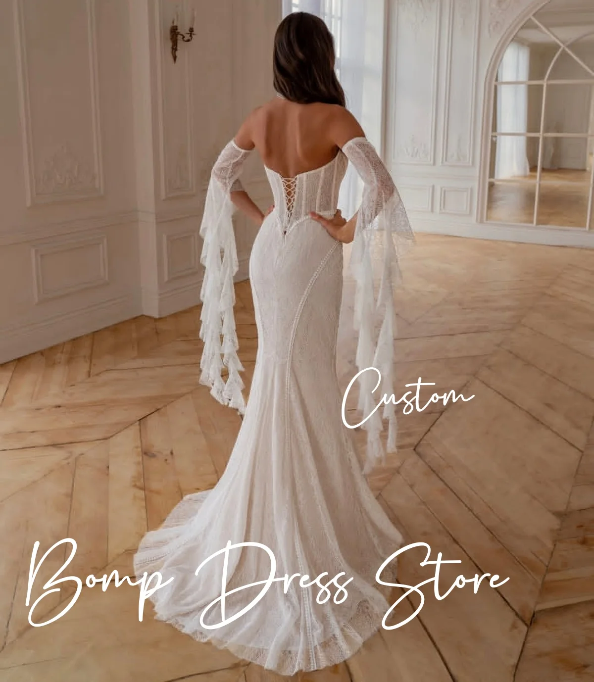 ชุดแต่งงานวินเทจทรงเมอร์เมด BOMP แบบสั่งตัด แขนถอดได้ ผ้าลูกไม้ พร้อมชายกระโปรงยาวแบบ Sweep Train และโครงรัดตัว