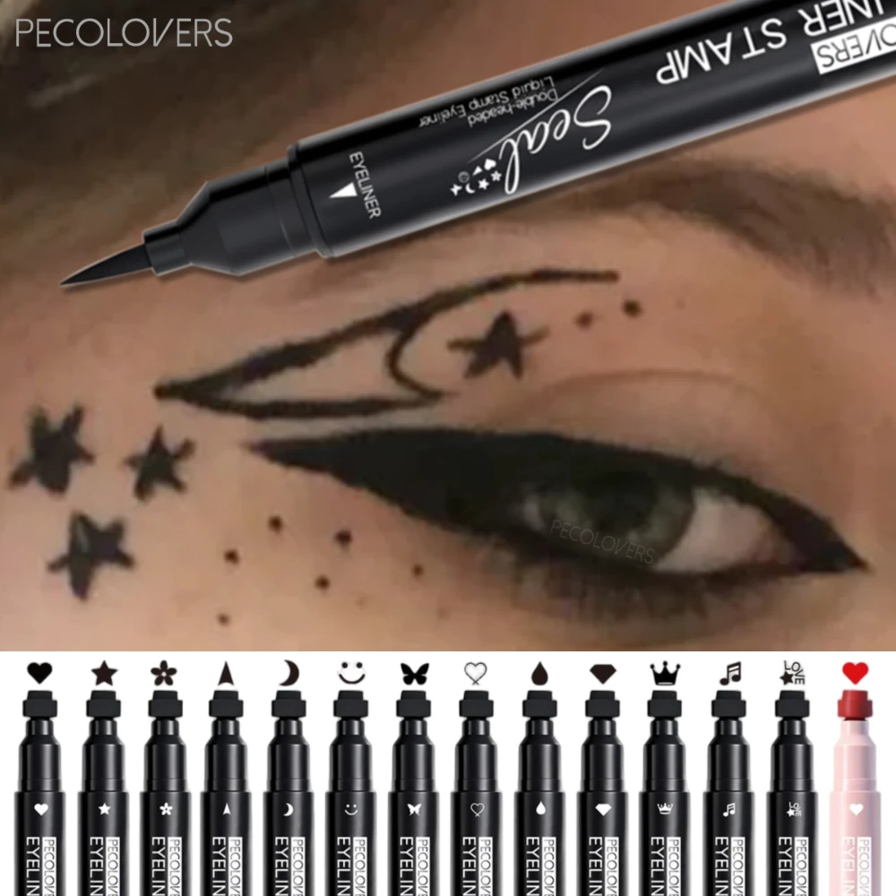 14 Pcs/SET Dual-Ended Stamp Liquid Eyeliner, Black, Multi-Pattern Stamp (Cat Eye Smiley Moon Heart), One-Swipe, Quick-Drying