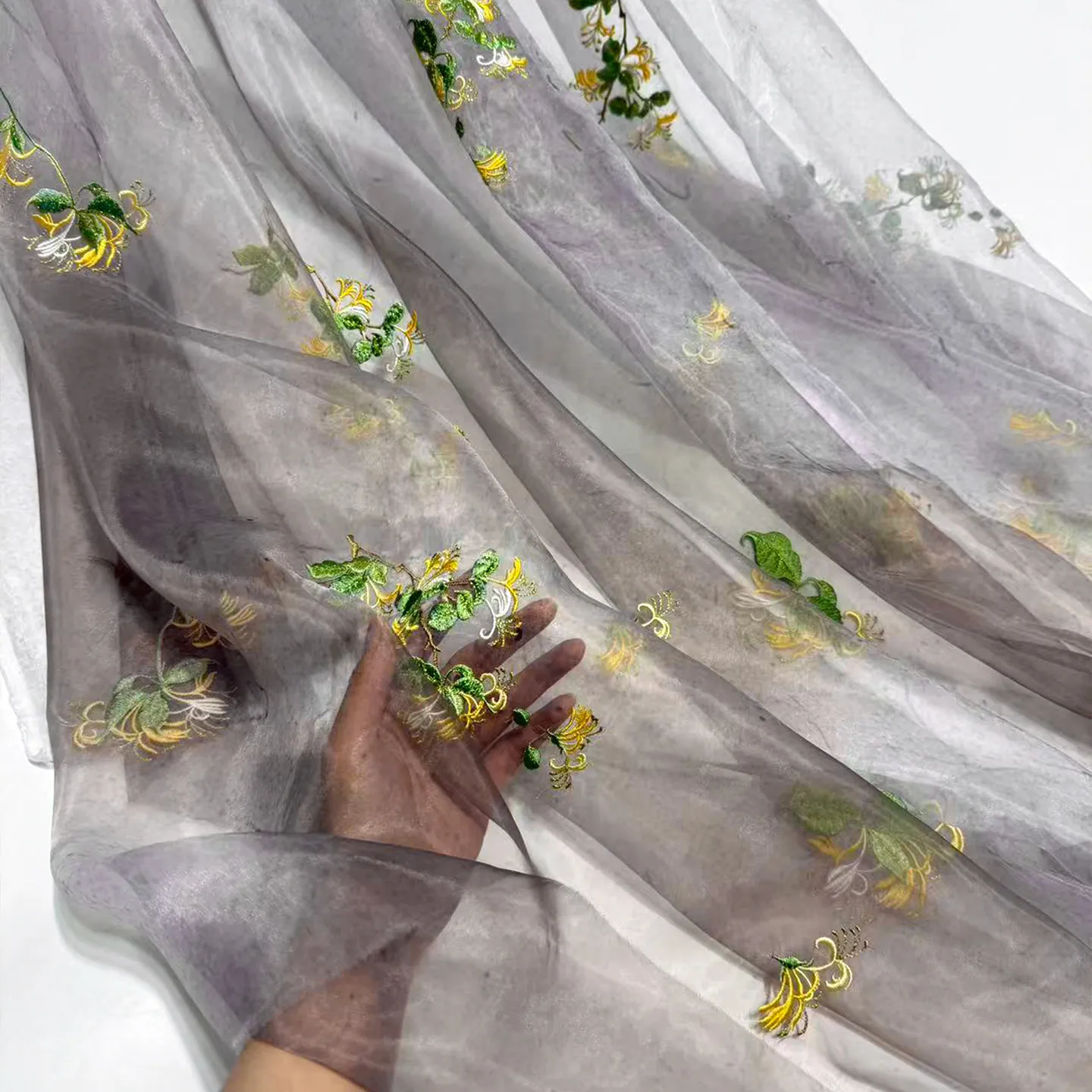

honeysuckle Pattern Embroidered Lace Chiffon Fabric – 1m for DIY Skirts & Hanfu