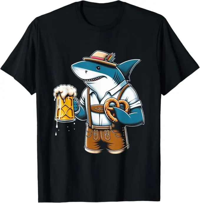 تي شيرت رجالي لمهرجان أكتوبر فيست القرش البافاري لمهرجان البيرة - زي حفلة ألماني مضحك مع قرش كرتوني في قبعة خضراء Lederhosen #2