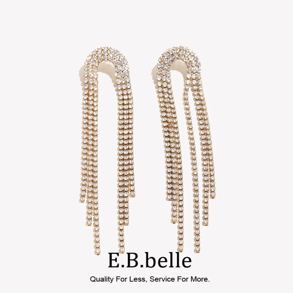 E.B.belle 6 Zircon Arched Tassel Drop Earrings Hypoallergenic 18K Gold Plated Women's Earrings 316L Stainless Steel Accessories