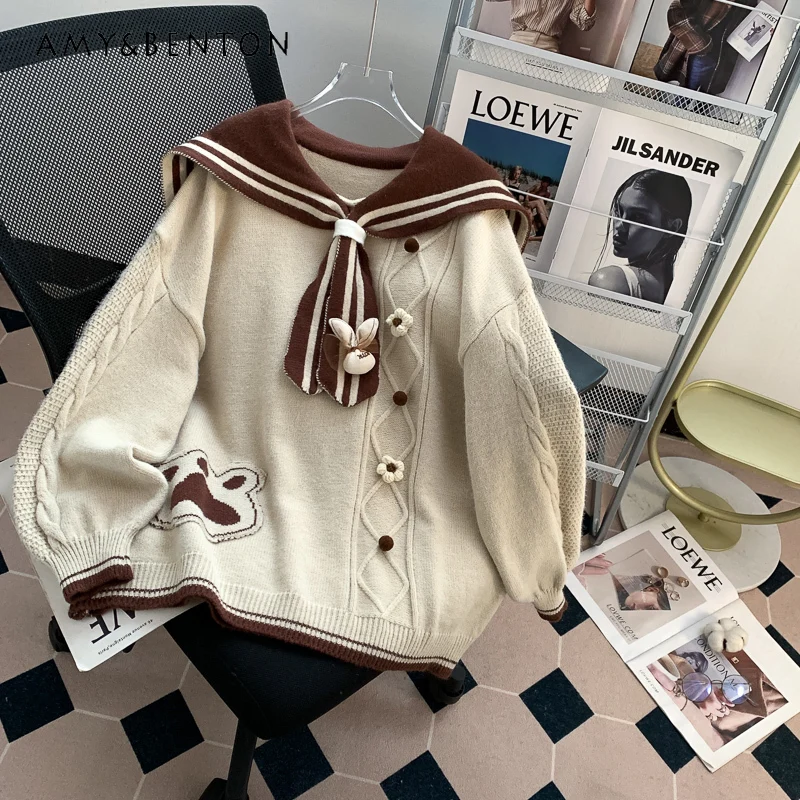 

Осень-зима 2025 г., новый темно-синий милый пуловер с воротником в студенческом стиле, белый свитер, женский свободный мягкий восковый абрикосовый вязаный свитер