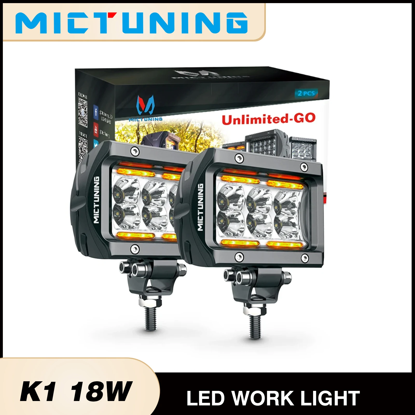 

MICTUNING 2 шт. светодиодный рабочий фонарь, Unlimited-GO K1 4 "18 Вт точечная рабочая лампа с янтарным окружающим освещением, IP67 водонепроницаемый для внедорожников, грузовиков, лодок