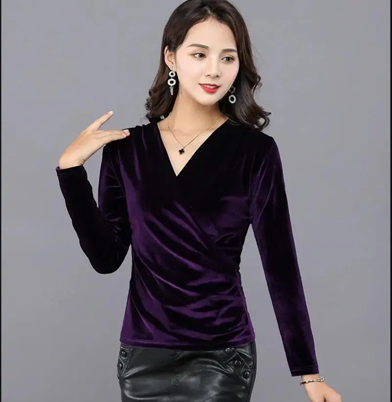 

Women's Sexy Long Sleeve V-Neck Office Blouse Korean Style Purple Top Velour Spring Autumn Brand New plus size shirts