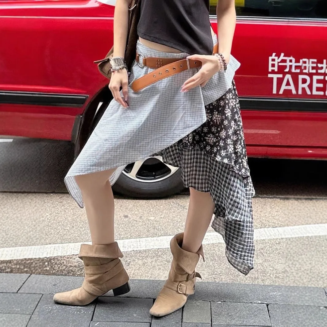 

«Уличная модная асимметричная юбка, новинка лета 2025, ретро клетчатая юбка-миди с высокой талией для женщин, повседневная юбка для фотосессии»