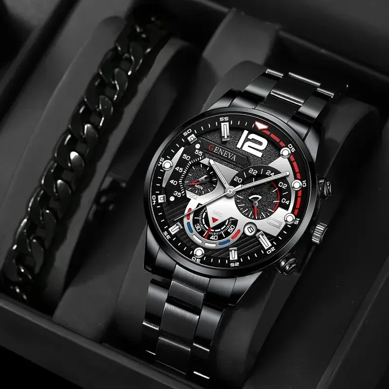 A men's new popular steel strip fashion business three eye quartz watch set, suitable for fashion matching