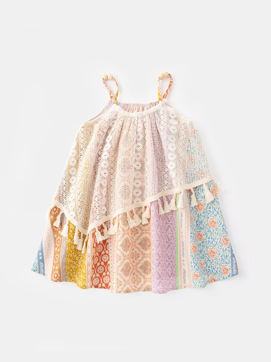 

2025 Summer New Girls Jacquard Tassel Strap Skirt Cute Ethnic Style Kid Dress Trendy Colorful Children Dressing Skin Friendly