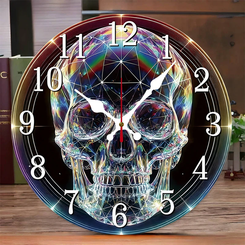 Rustic Gothic Skull Wooden Round Silent Hanging Wall Clock, Suitable For Living Room,Office, Study Room,Bedroom, Home Decoration