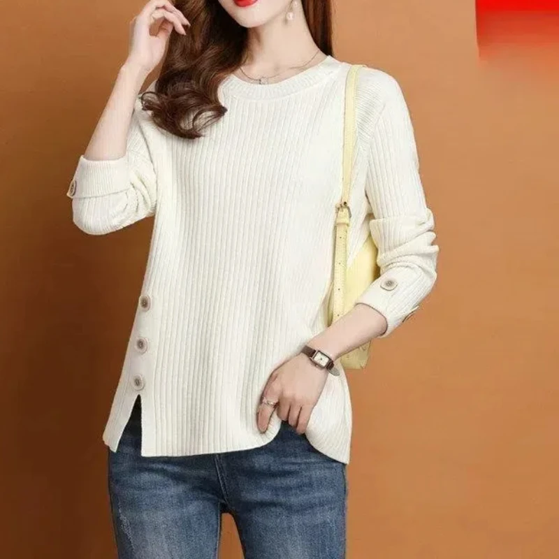 Button Screw Thread Solid Color Round Neck Pullover Lantern Long Sleeve Sweater Knitted Autumn Winter Women's Clothing Tops